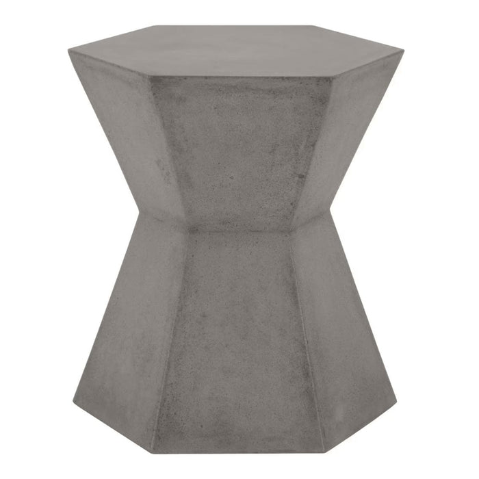 Slate gray concrete accent table with a unique hourglass-like hexagonal design.