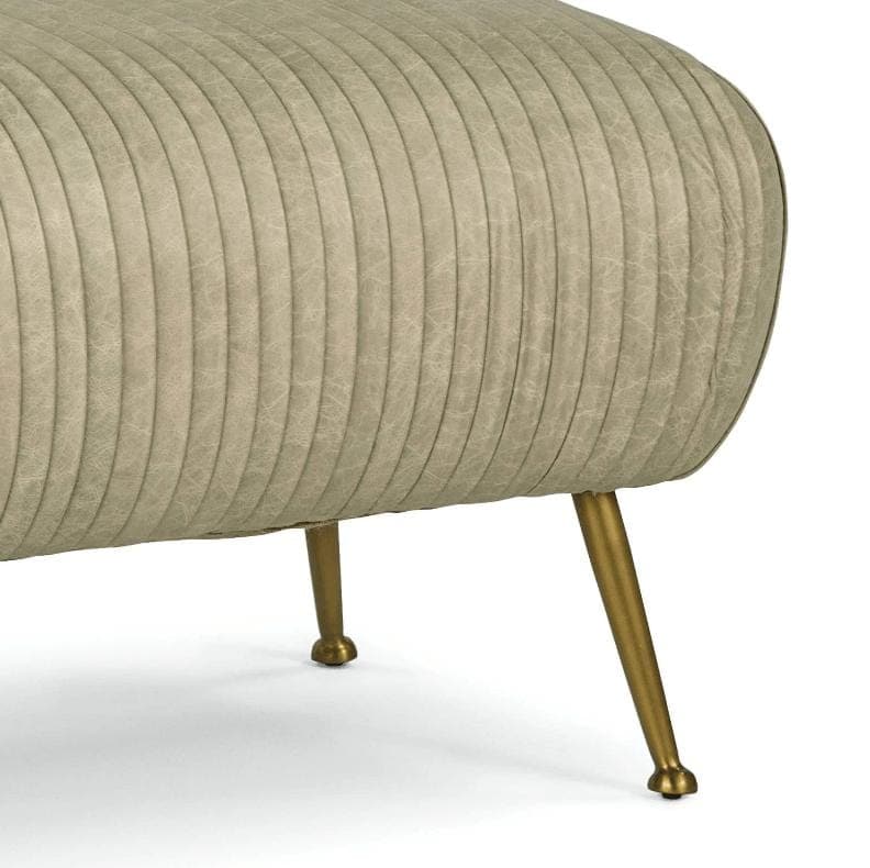 Beretta Cappuccino leather bench with soft pleated upholstery and natural brass legs.