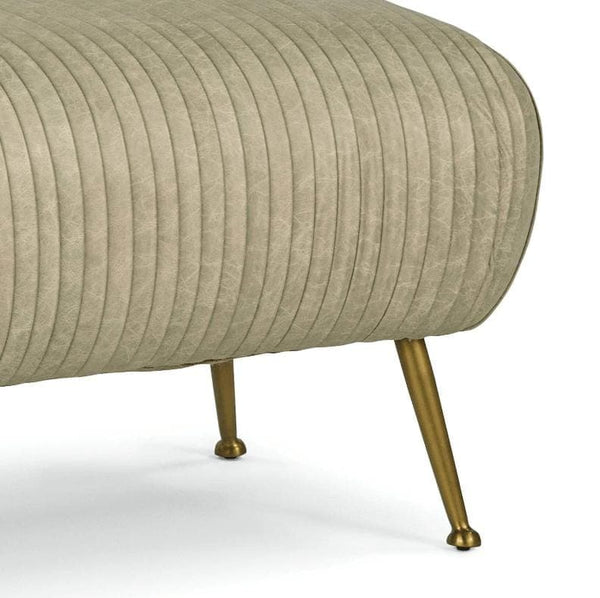 Beretta Cappuccino leather bench with soft pleated upholstery and natural brass legs.