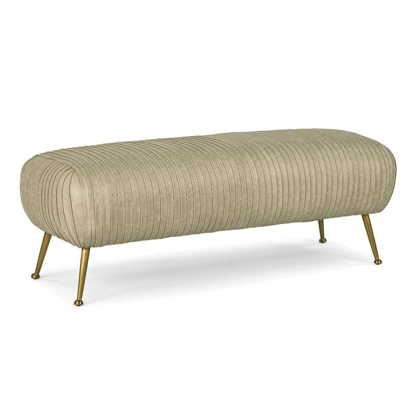 Beretta Cappuccino leather bench with soft pleated upholstery and natural brass legs.