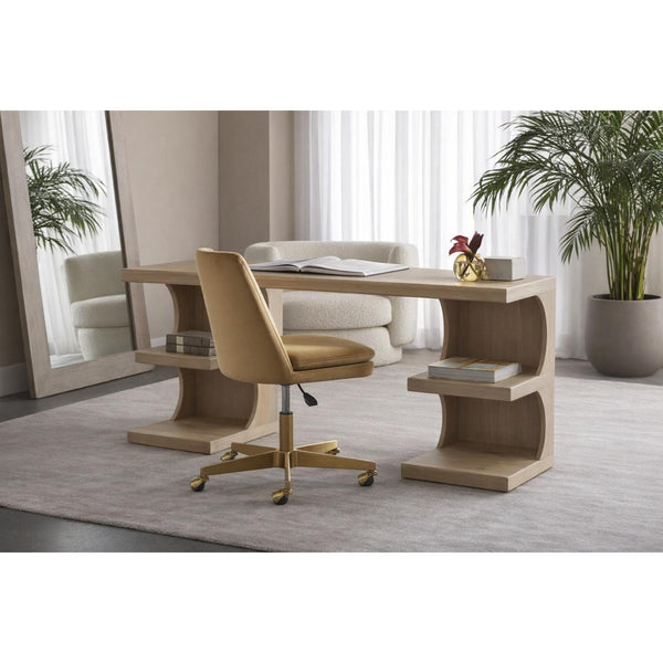 Berget Gold Sky Fabric & Matte Gold Office Chair - Chair Side View | Bone & Brass