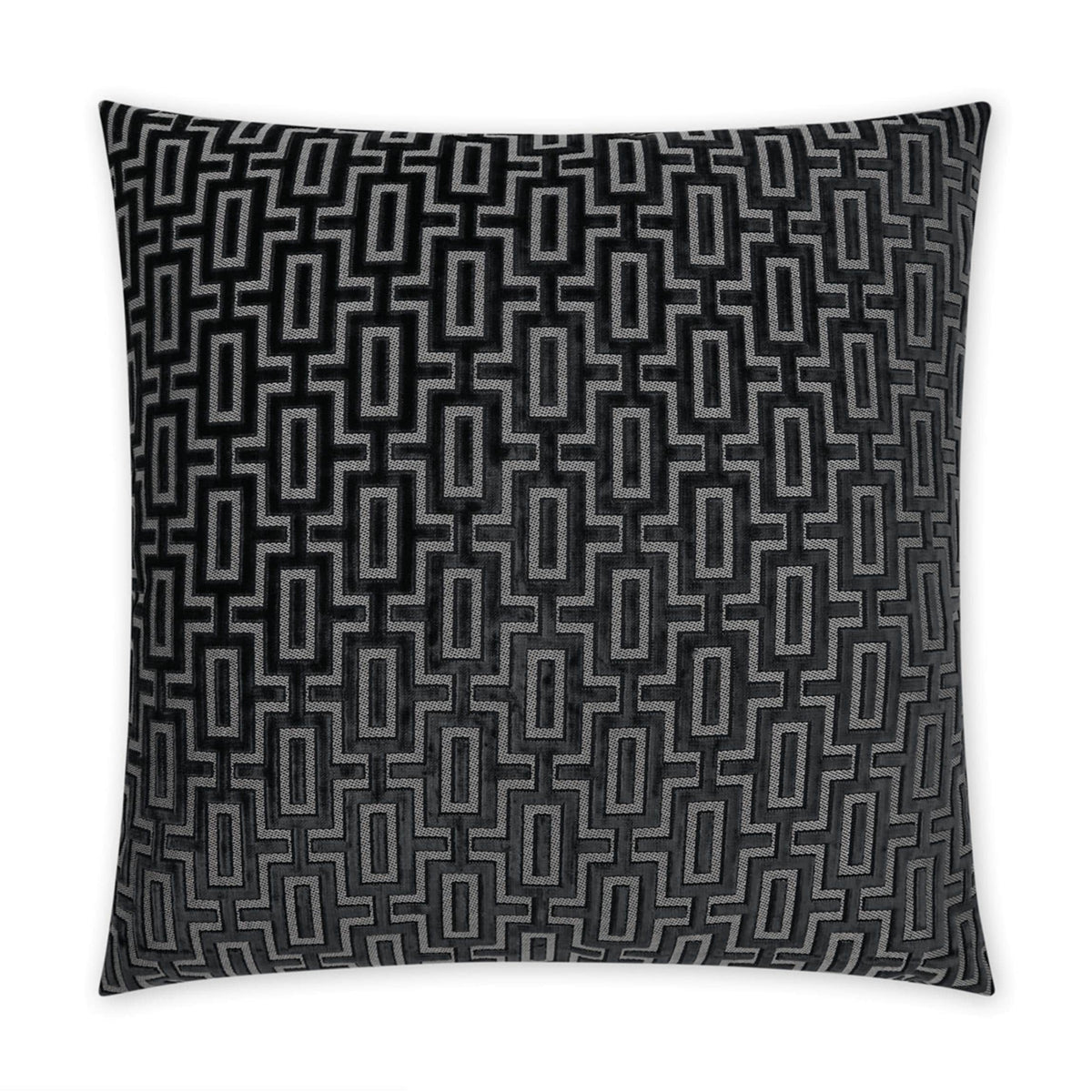 Luxury Bergman 24" square throw pillow in black and gray geometric pattern, featuring a seamless zippered cover.