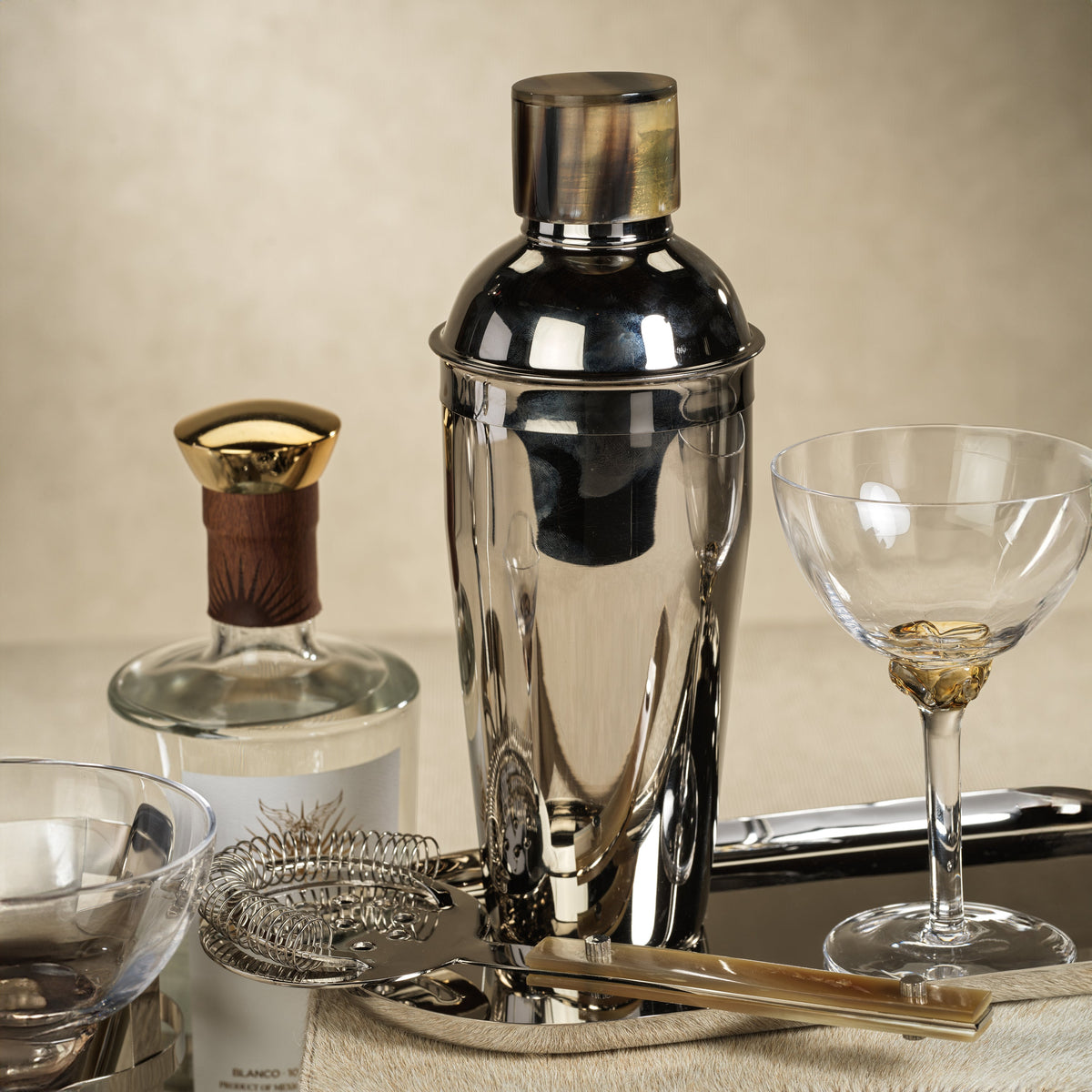 Berkely Stainless Steel Cocktail Shaker, Horn Cap - Bar Set Detail | Bone & Brass