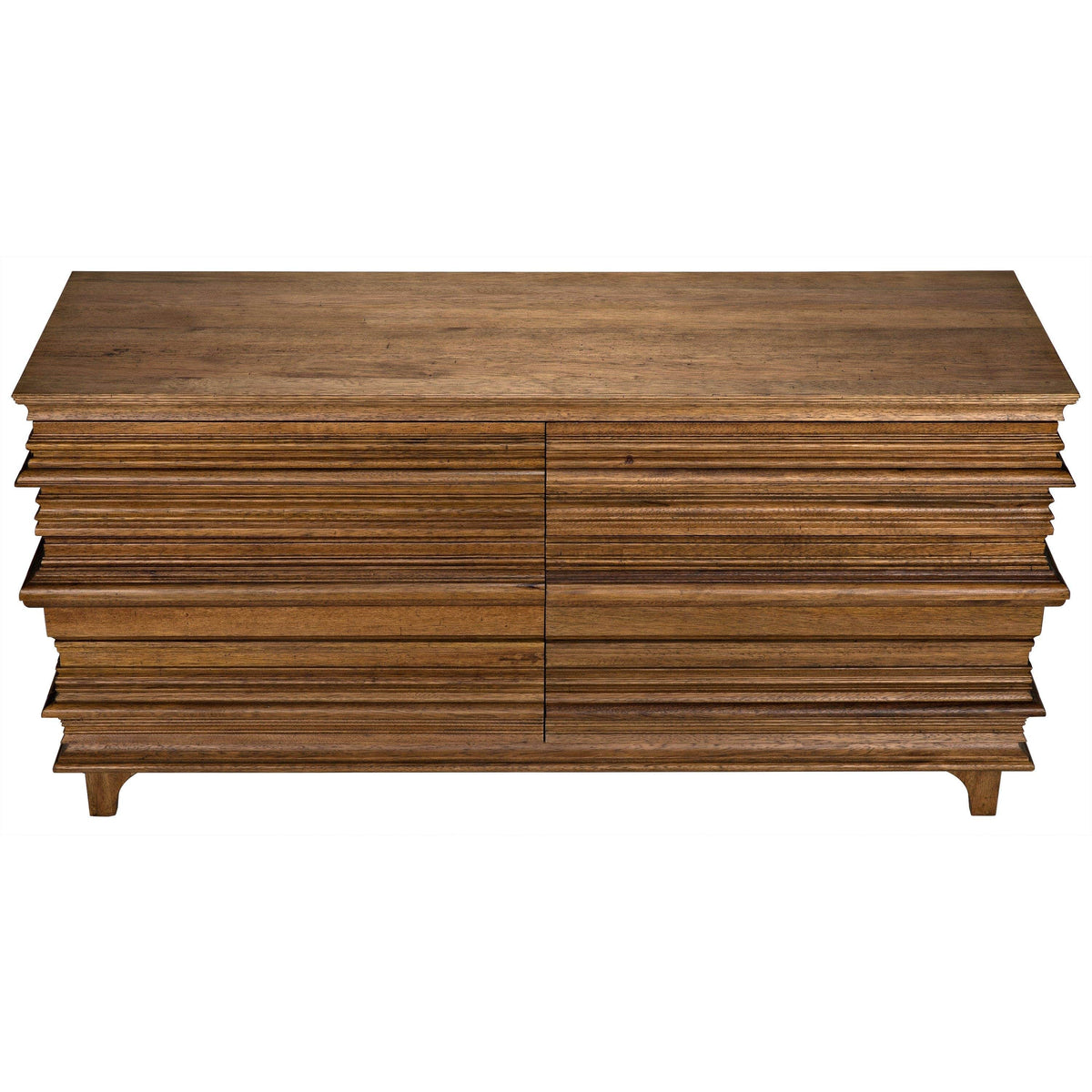 Bernard 6-drawer dark walnut dresser with a stacked book design and intricate lines.