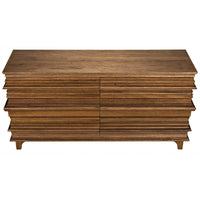 Bernard 6-drawer dark walnut dresser with a stacked book design and intricate lines.