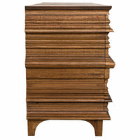 Bernard 6-drawer dresser in dark walnut, featuring a unique stack-of-books design with intricate lines.