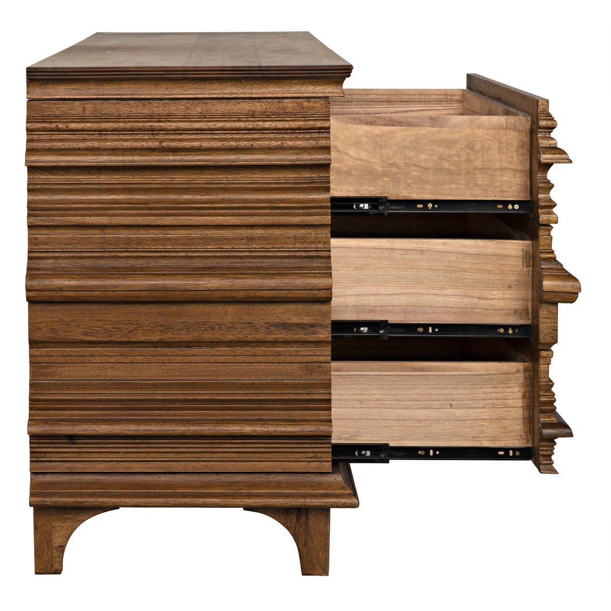 Bernard 6-drawer dark walnut dresser with a stacked book design, showing three open drawers.