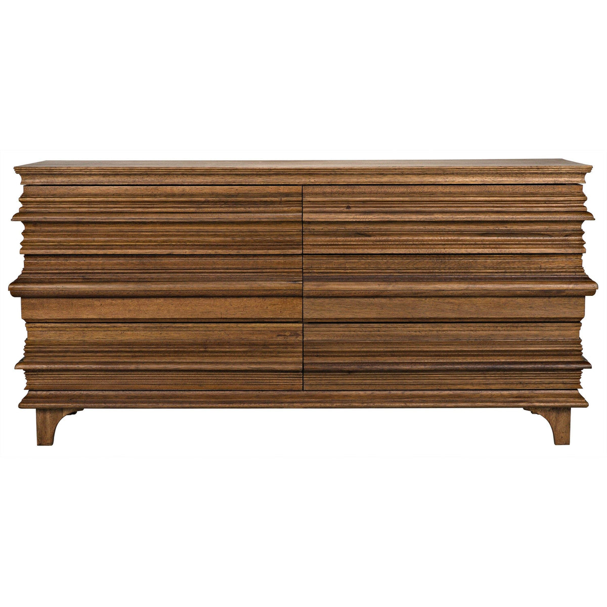 Bernard 6-drawer dresser in dark walnut, featuring a unique stacked book design and intricate lines.