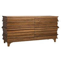 Bernard 6-drawer dark walnut dresser with unique stacked book design and intricate lines.