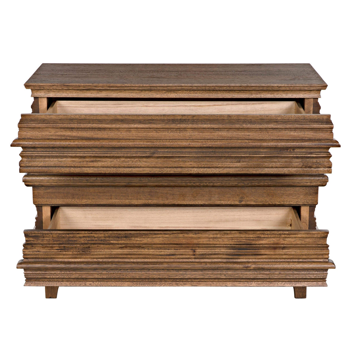 Dark walnut Bernard chest with two open drawers, featuring a stacked book design.