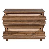 Dark walnut Bernard chest with two open drawers, featuring a stacked book design.
