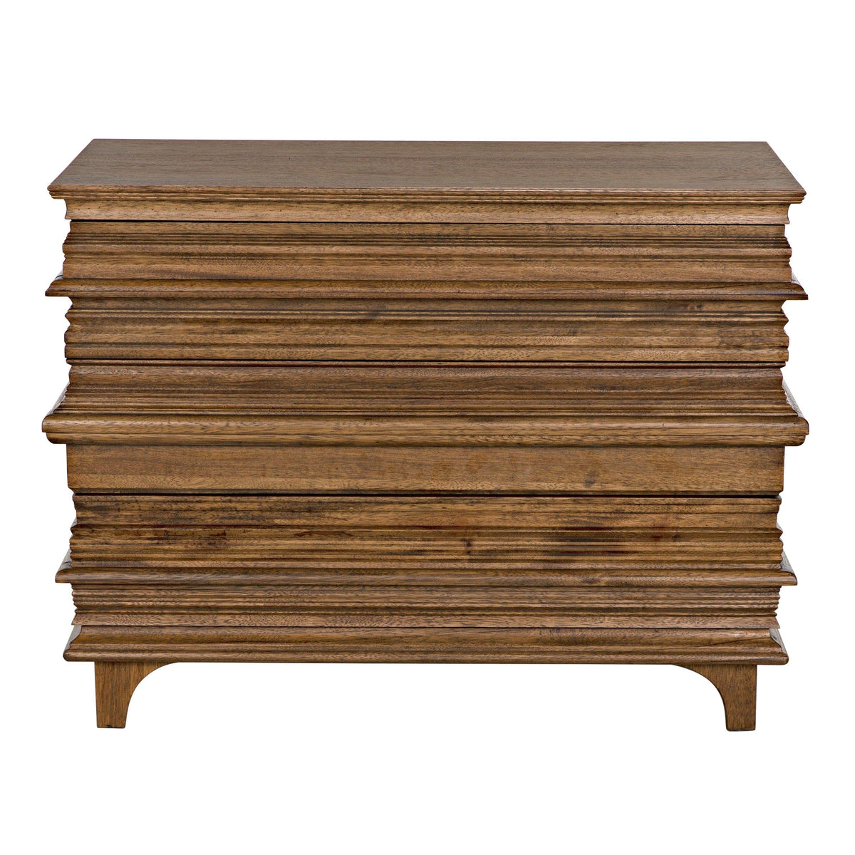 Bernard Chest: Dark walnut solid wood chest with stacked book design and intricate lines.