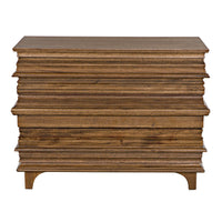 Bernard Chest: Dark walnut solid wood chest with stacked book design and intricate lines.