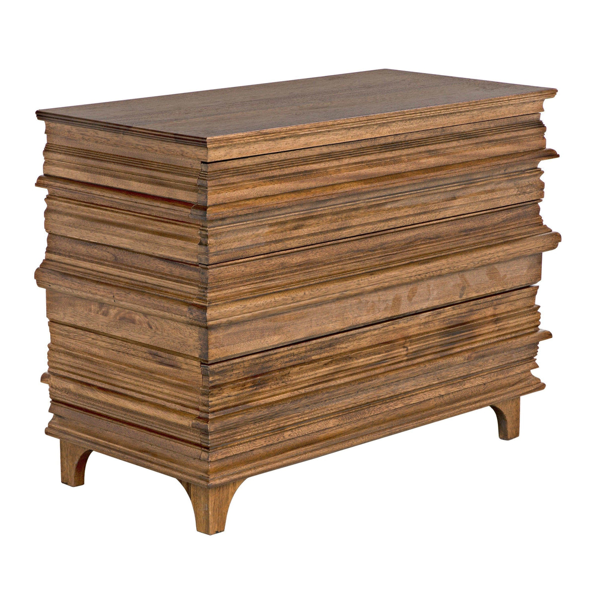 Bernard Chest, dark walnut, solid wood, with a unique stacked book design and intricate lines.