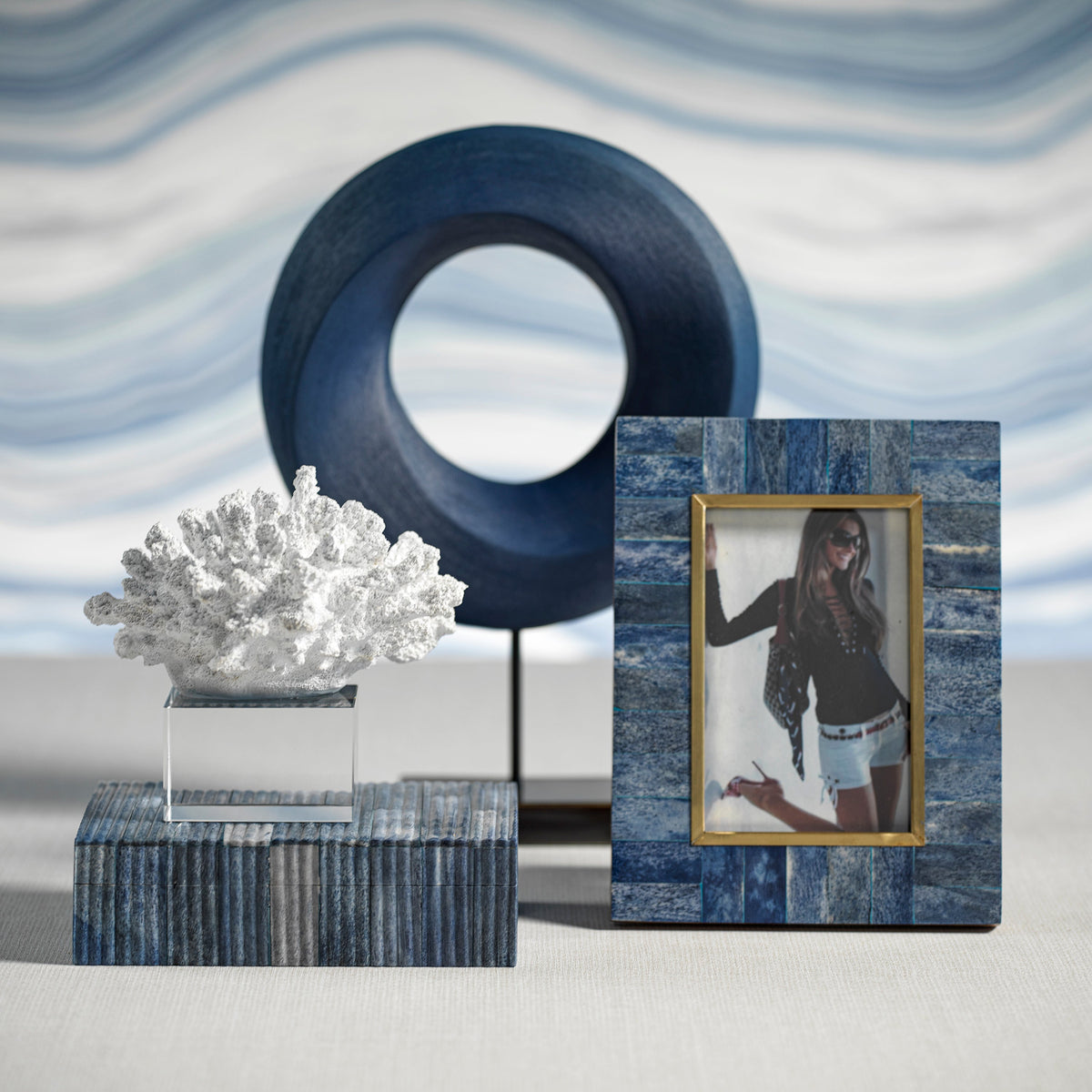 Biarritz Ribbed Blue Bone Inlay Decorative Box - Box Detail | Bone & Brass