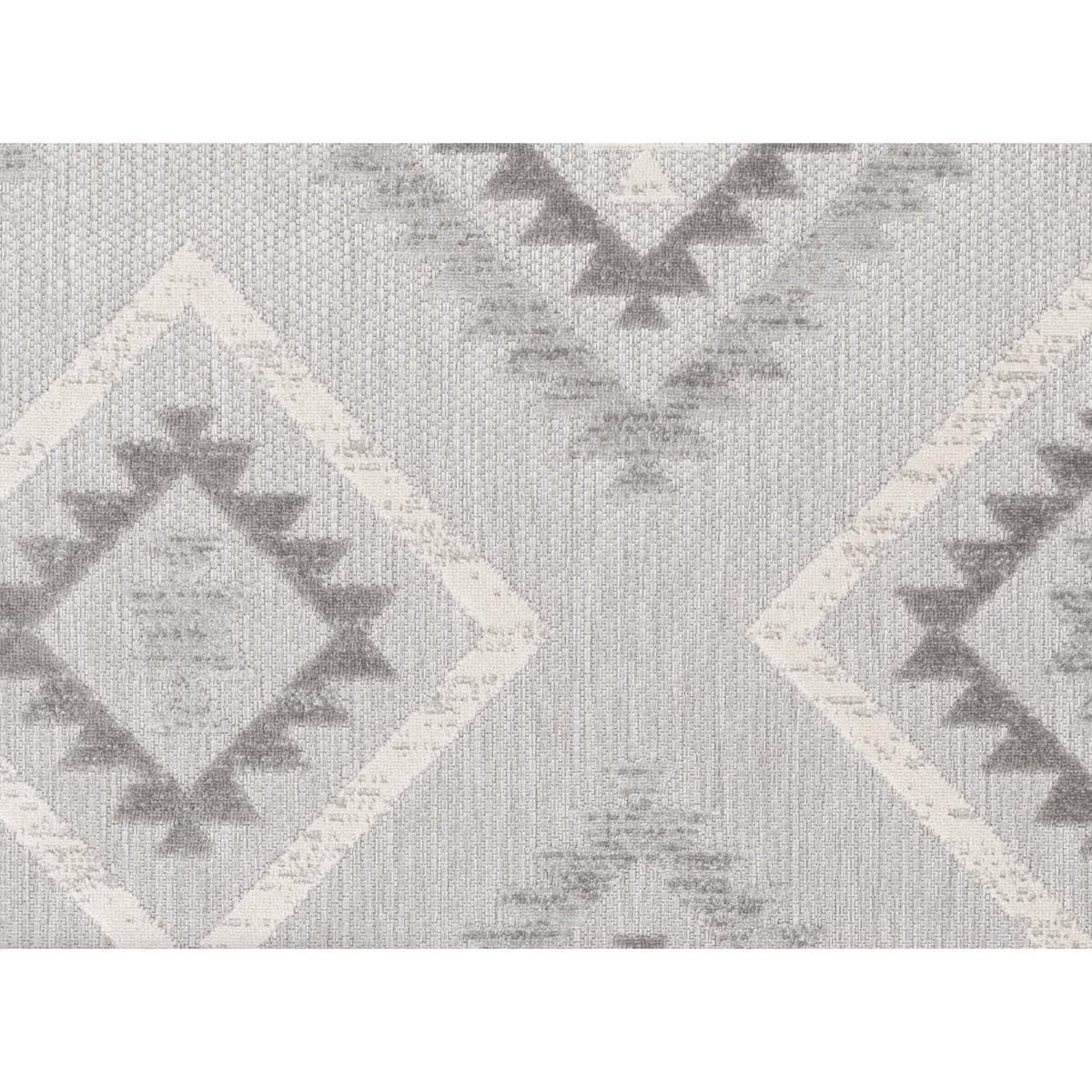 Big Sur Gray Cream indoor/outdoor rug with geometric diamond and triangle pattern.