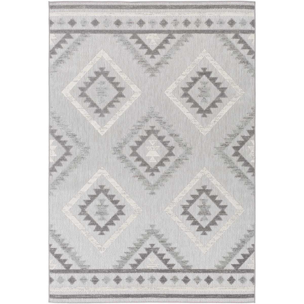 Big Sur Gray Cream indoor/outdoor rug with geometric diamond and tribal patterns.