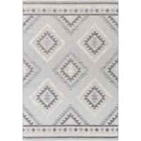 Big Sur Gray Cream indoor/outdoor rug with geometric diamond and tribal patterns.