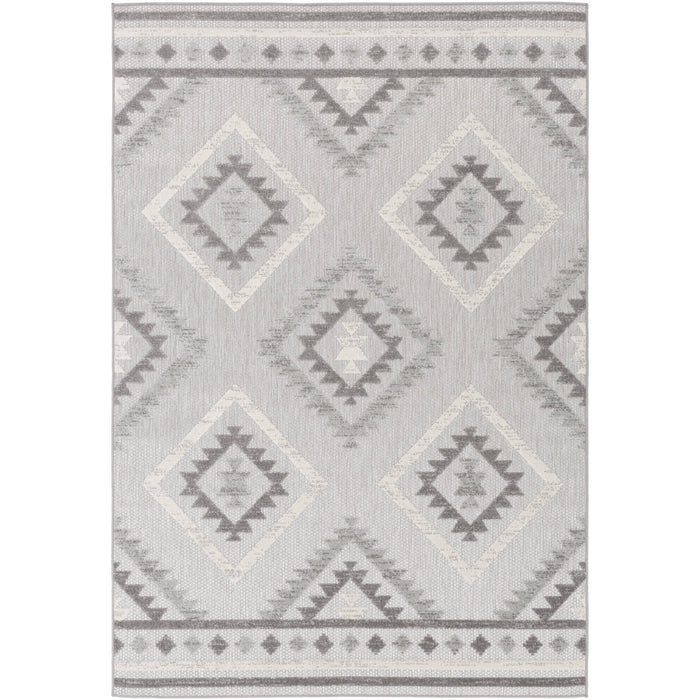 Big Sur Gray Cream indoor/outdoor rug with geometric diamond and tribal patterns.