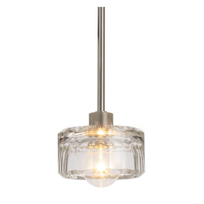 Bijoux Crystal Pendant: Clear, chunky cut crystal pendant light with a polished nickel rod and exposed bulb.