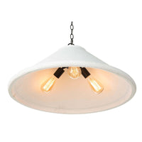 Large Billie concrete pendant light with a flared silhouette, rough-hewn texture, and three exposed bulbs.