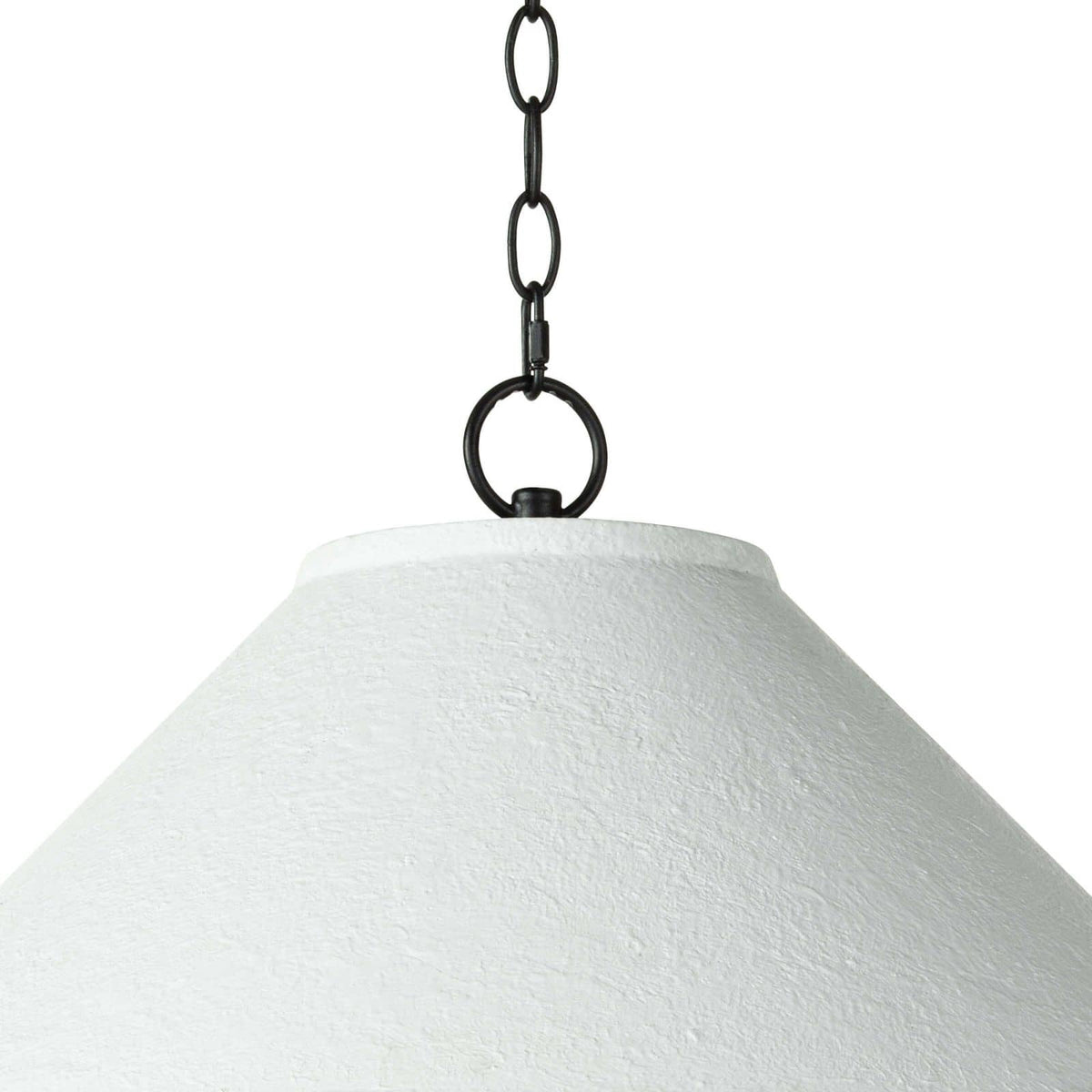Large Billie concrete pendant light with a rough-hewn texture and flared silhouette, suspended by a black chain.