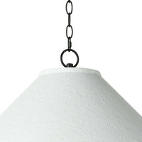 Large Billie concrete pendant light with a rough-hewn texture and flared silhouette, suspended by a black chain.