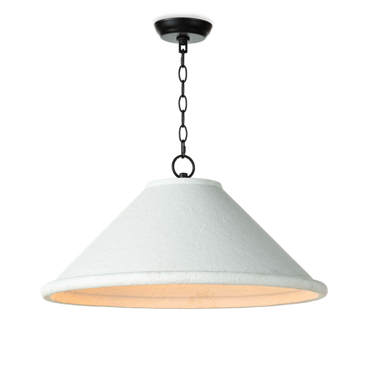 Large Billie concrete pendant light with a flared, rough-hewn white shade and black chain suspension.