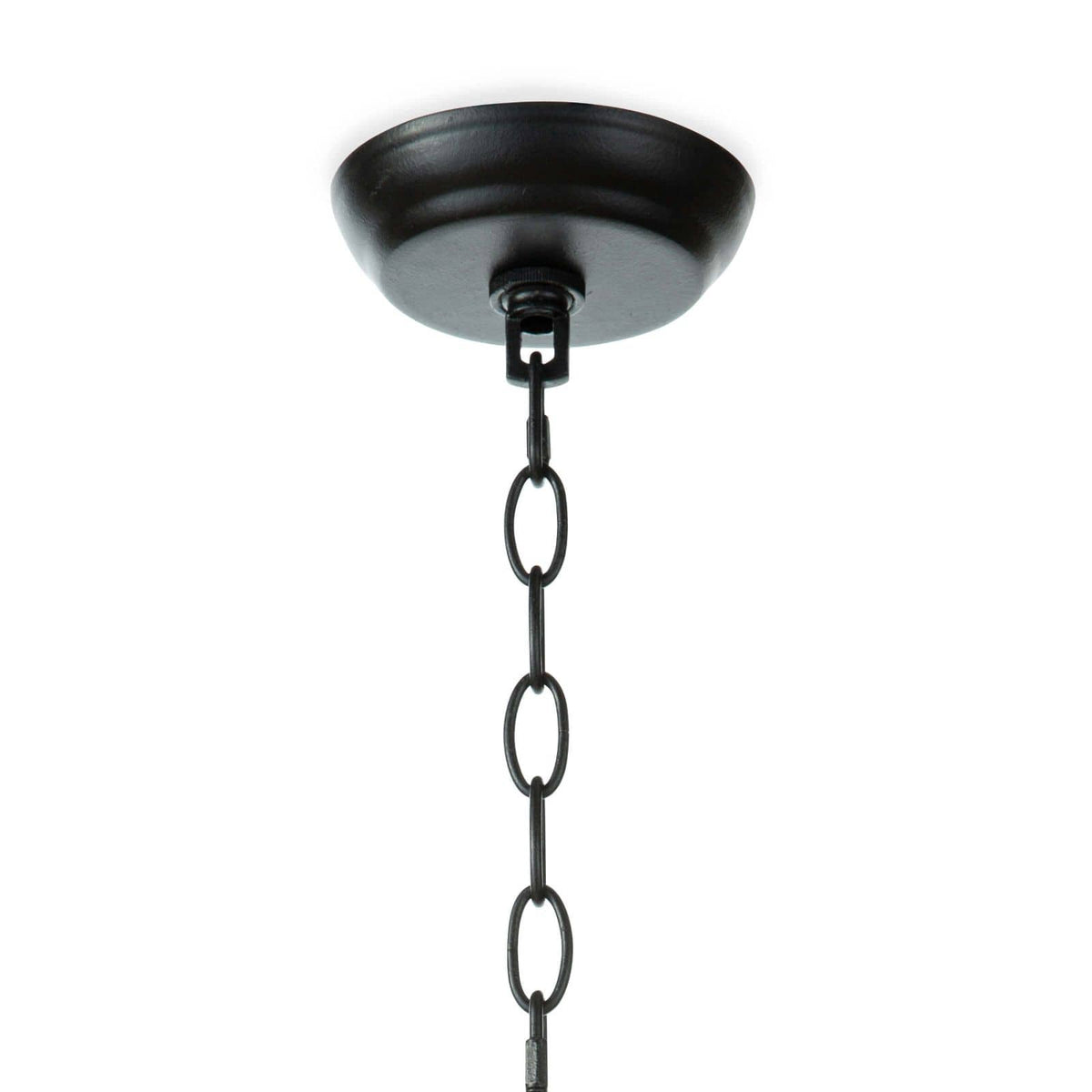 Black metal ceiling canopy with a short chain link suspension for a pendant light.