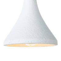 Small Billie concrete pendant light with a rough-hewn white bell-shaped shade and exposed bulb.