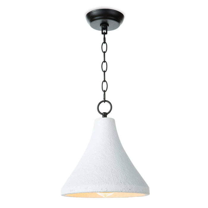 Small Billie concrete pendant light with a rough-hewn white bell shade and black chain.