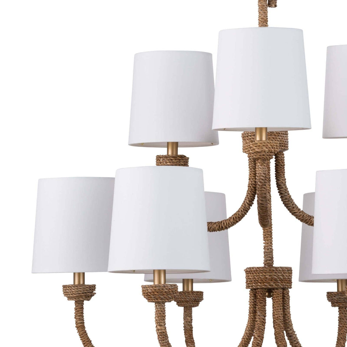 Large Bimini chandelier with natural woven seagrass, looped detailing, and nine white linen shades.