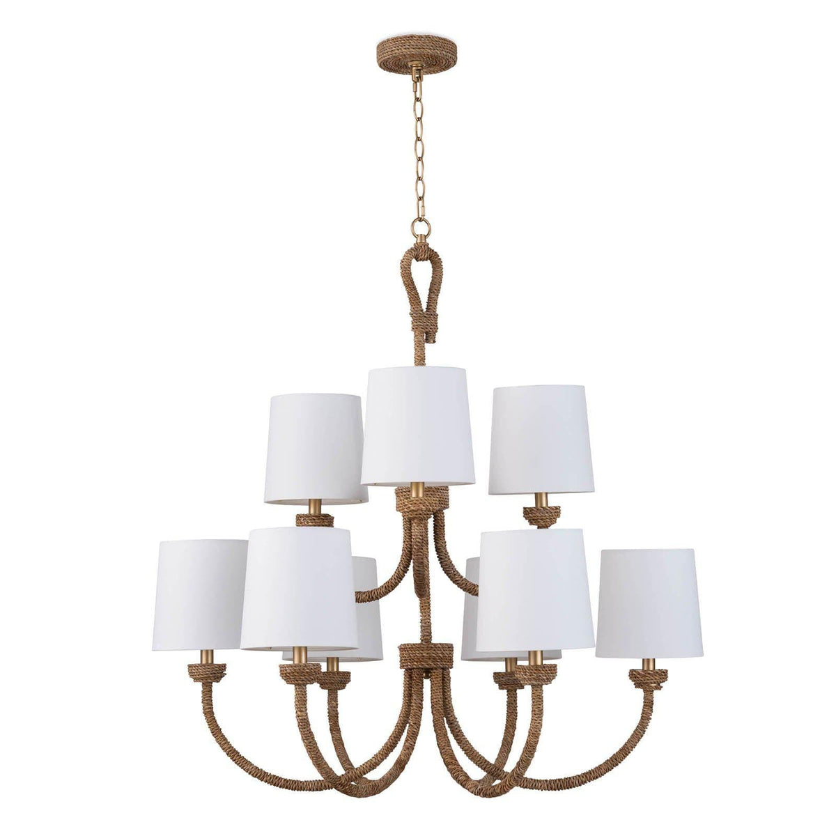 Large Bimini chandelier with natural woven seagrass, looped detailing, and nine white linen shades.