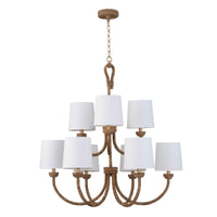 Large Bimini chandelier with natural woven seagrass, looped detailing, and nine white linen shades.
