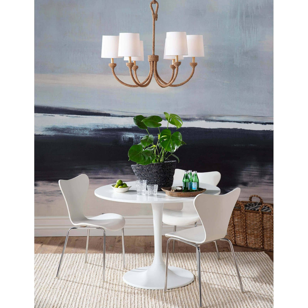Bimini Small Chandelier with natural woven seagrass, looped detailing, and six white linen shades.
