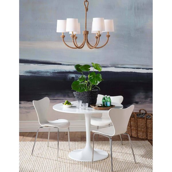 Bimini Small Chandelier with natural woven seagrass, looped detailing, and six white linen shades.