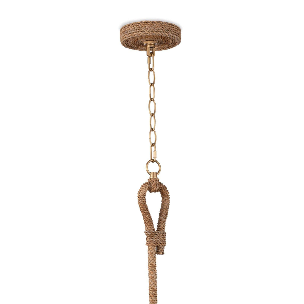 Bimini Chandelier Small with natural woven seagrass, looped detailing, and a polished brass chain.