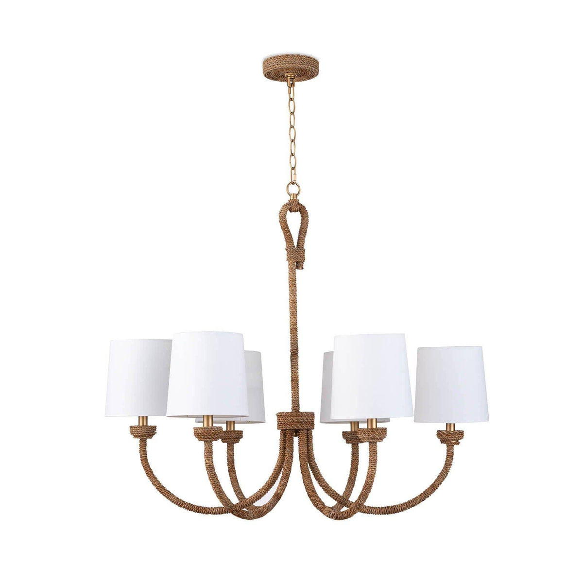 Small Bimini Chandelier with natural woven seagrass, looped detailing, and six crisp white linen shades.