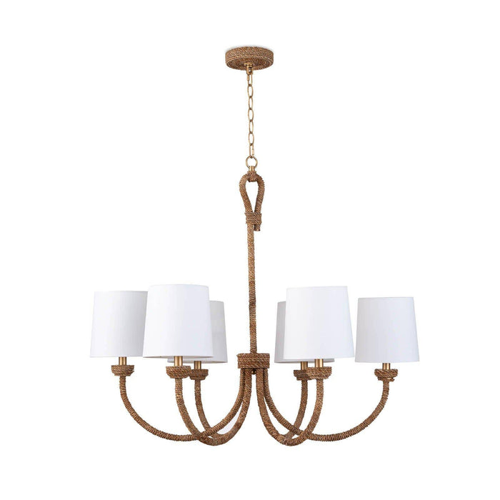 Small Bimini Chandelier with natural woven seagrass, looped detailing, and six crisp white linen shades.