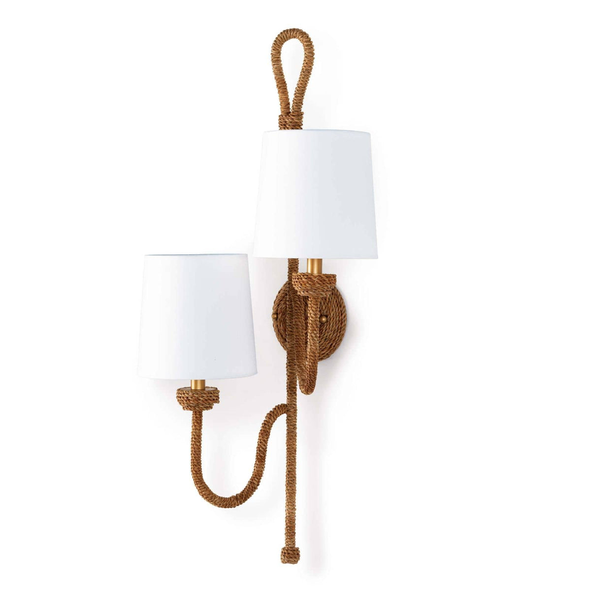 Bimini Double Sconce with natural woven seagrass, looped detailing, and two white linen shades.