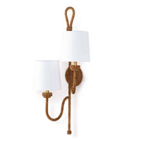 Bimini Double Sconce with natural woven seagrass, looped detailing, and two white linen shades.