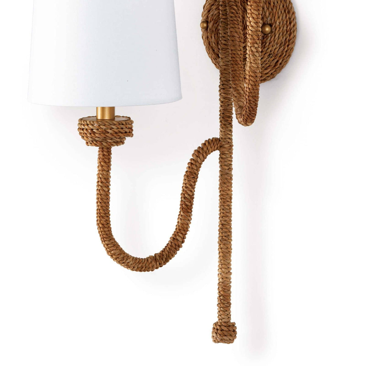 Natural woven seagrass Bimini Double Sconce with nautical looped detailing and white linen shades.