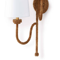 Natural woven seagrass Bimini Double Sconce with nautical looped detailing and white linen shades.