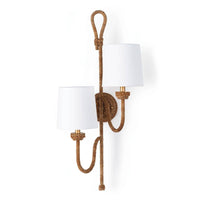 Bimini Double Sconce: natural woven seagrass with looped detailing and two white linen shades.