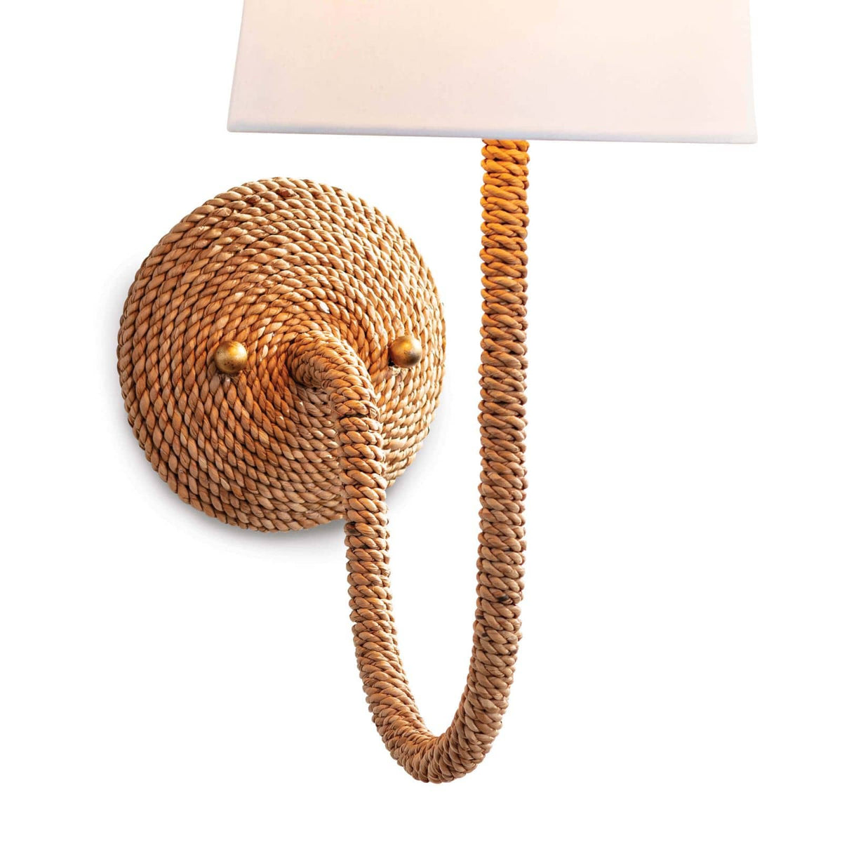 Bimini Single Sconce with natural woven seagrass, looped detailing, and a white linen shade.