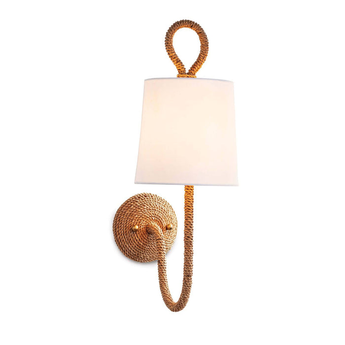 Bimini Single Sconce with natural woven seagrass, looped detailing, and a white linen shade.