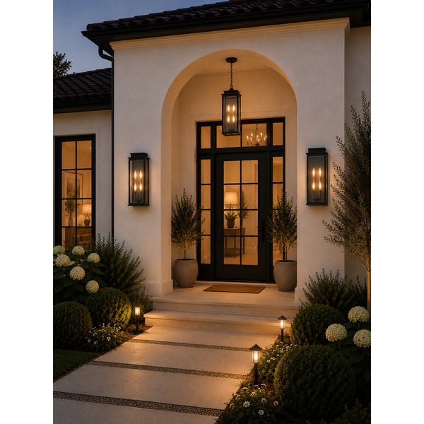 Elegant exterior of a house with decorative lighting and plants.