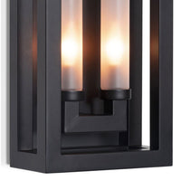 Black Montecito double arm outdoor sconce with charcoal steel frame and two frosted glass cylinders.