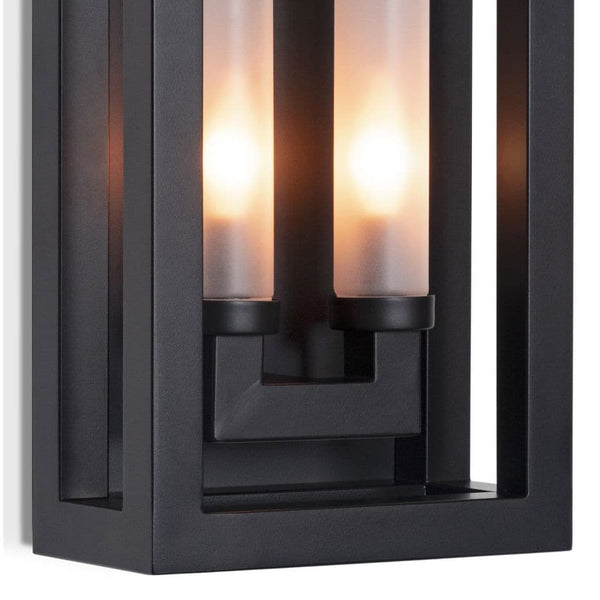Black Montecito double arm outdoor sconce with charcoal steel frame and two frosted glass cylinders.