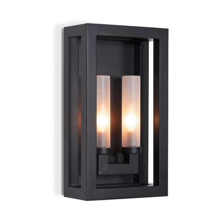 Black Montecito double arm outdoor sconce with charcoal steel box and two frosted glass lights.